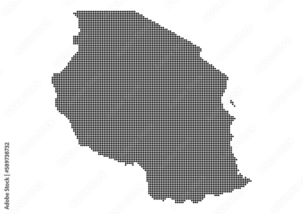 An abstract representation of Tanzania,Tanzania map made using a mosaic of black dots. Illlustration suitable for digital editing and large size prints. 