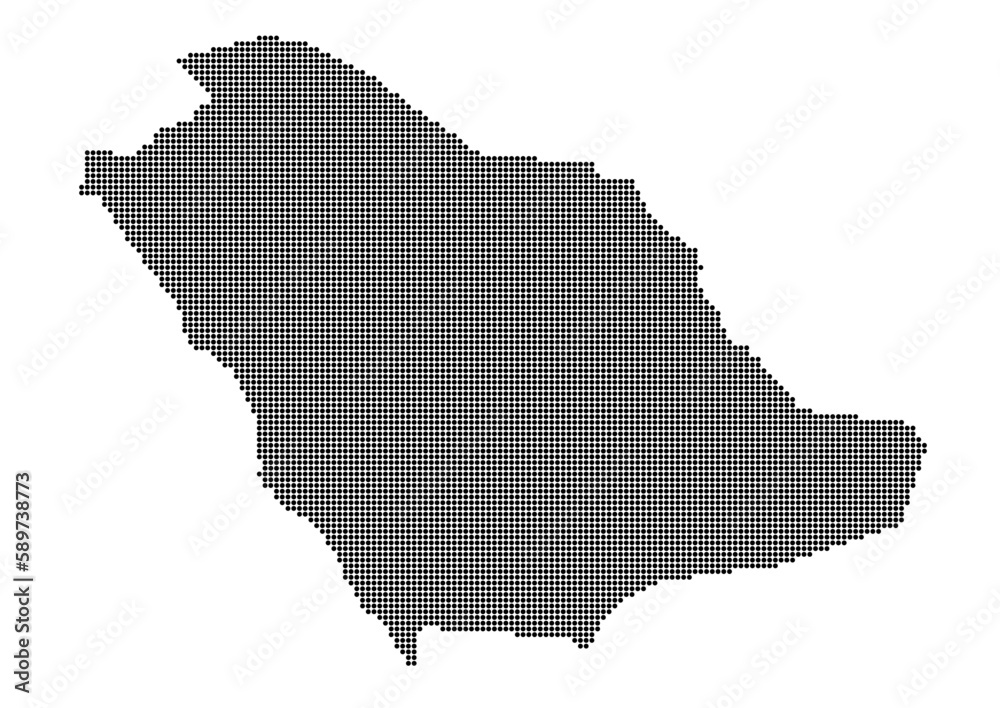 An abstract representation of Saudi Arabia using a mosaic of black dots. Illlustration suitable for digital editing and large size prints. 
