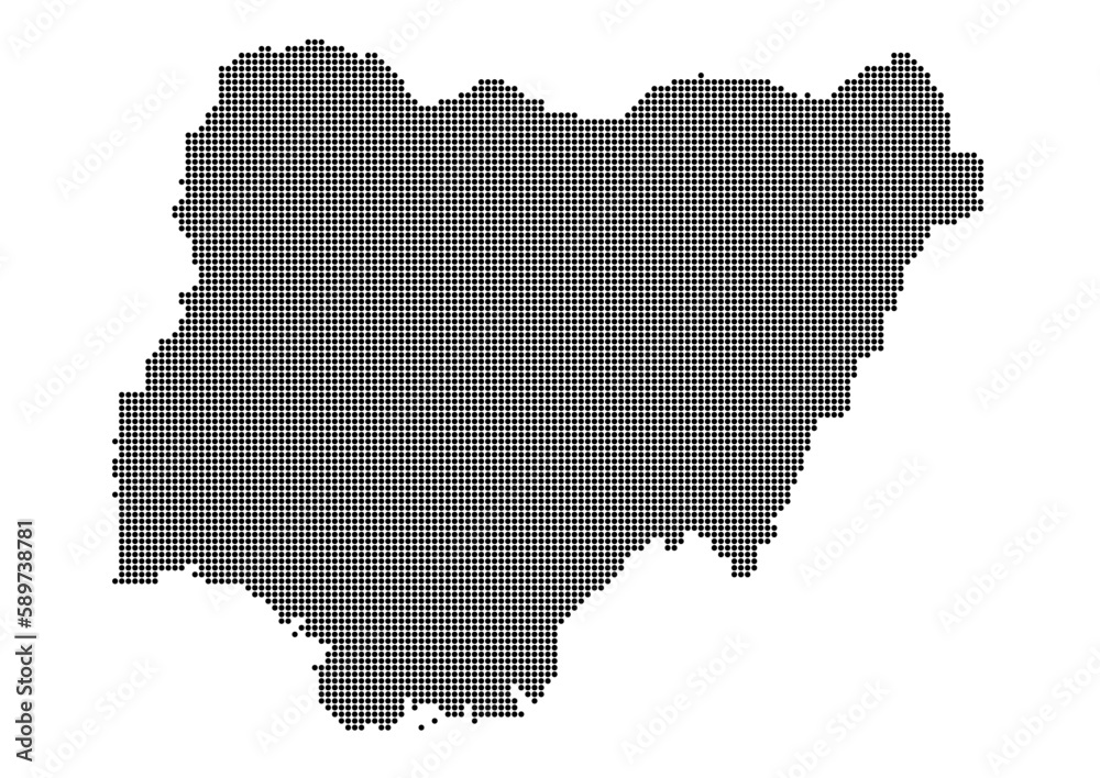 An abstract representation of Nigeria,Nigeria map made using a mosaic of black dots. Illlustration suitable for digital editing and large size prints. 