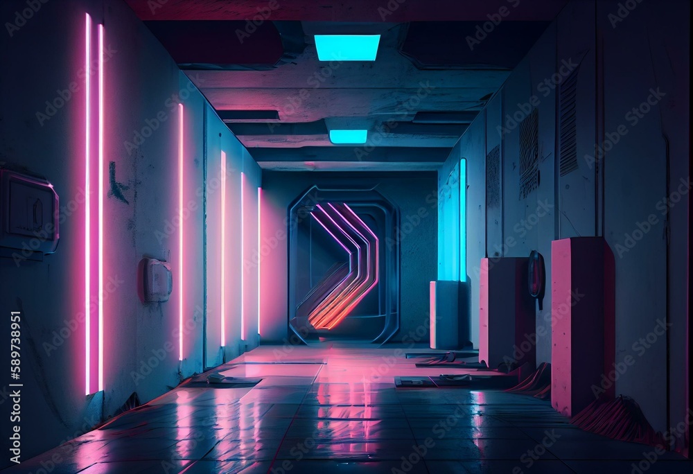 Abstract Concrete Futuristic Sci-Fi interior With Pink And Blue Glowing Neon Tubes . 3D illustration and rendering. Generative AI