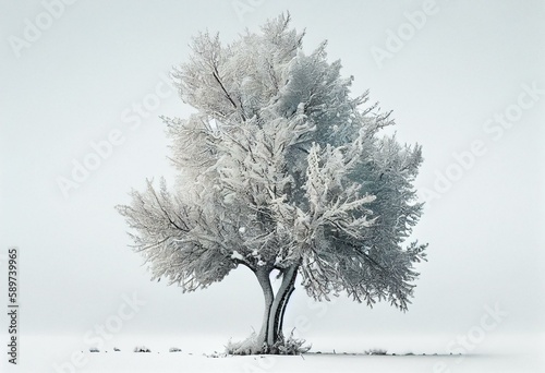 Snowy tree on white background - Generative AI