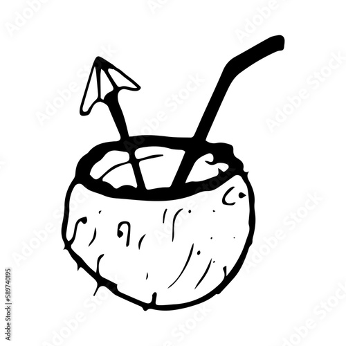 Coconut with straw in doodle style on an isolated white background.