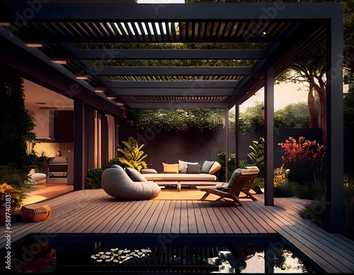 Interior design of a lavish side outside garden at morning, with a teak hardwood deck and a black pergola. Scene in the evening with couches and lounge chairs by the pool generative ai