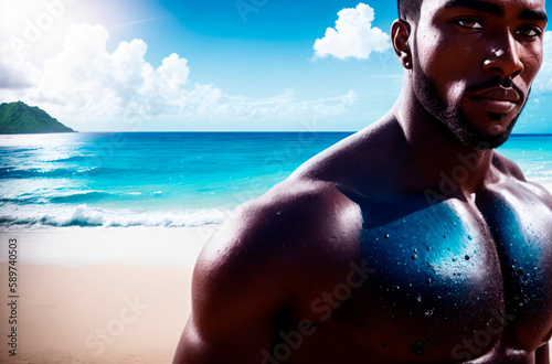 Young man in tropics. Handsome male on background of tropical landscape. Generative AI.