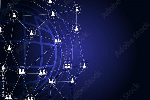 Network technology pattern on dark background. Digital communication and a map of the world with people icons with copy space.