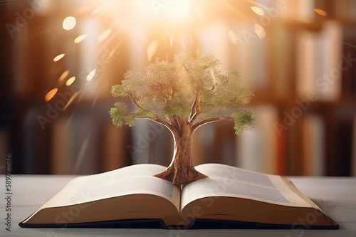 Education concept with tree of knowledge planting on opening big book and blurred. Generative AI