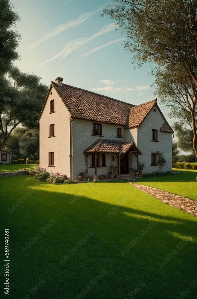 House in nature. Suburban dwelling in sunny cloudy weather. Generative AI. House in nature. Suburban dwelling in sunny cloudy weather. Generative AI.