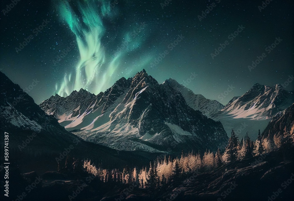 Rocky Mountains with Aurora Borealis. Green Sky Wallpaper with copy-space. Generative AI