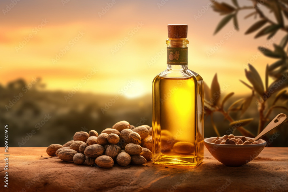 bottle of olive oil with nuts