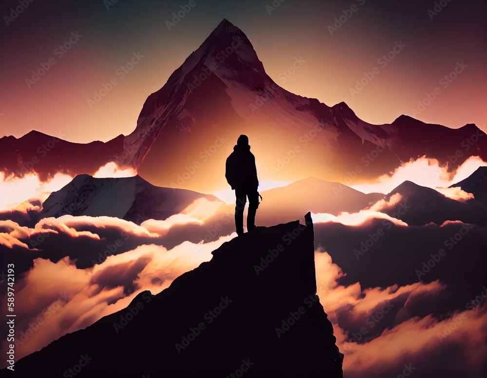 Silhouette of a person at the top mountain peak. Hiking Concept, AI Generative