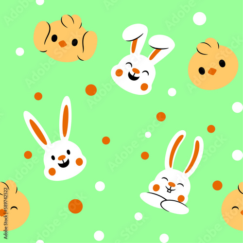 Easter Day Chicken and Rabbit Seamless Pattern Flat Hand Drawn Illustration