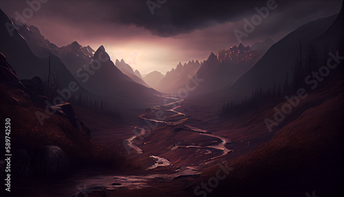 Generative AI, Moody Mountains: An Atmospheric Sunset Landscape