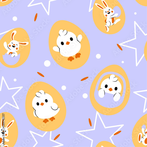 Easter Day Chicken Seamless Pattern Flat Hand Drawn Illustration