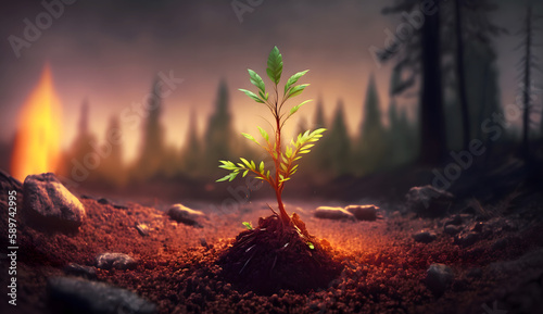 Planting seedlings or young plants after a forest fire, created using Generative AI Technology
