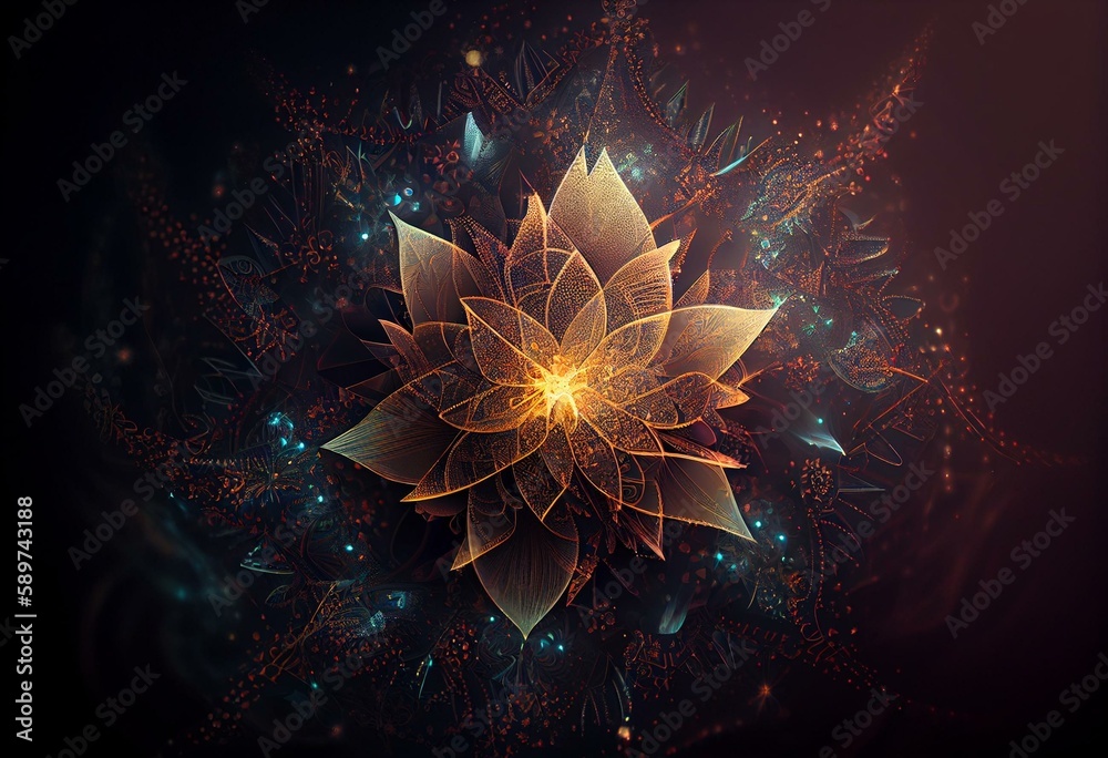 custom made wallpaper toronto digitalSacred geometry glowing flower fractal with particles and light. Generative AI