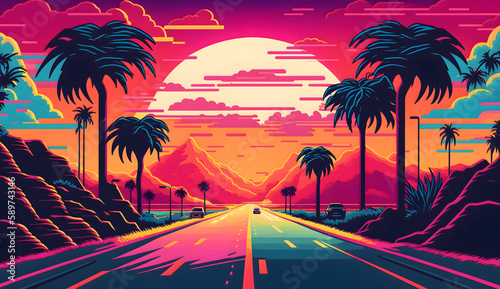 The digital artwork is a colorful illustration summer 80s 90s, sunset, road, palm tree, Generative AI Technology