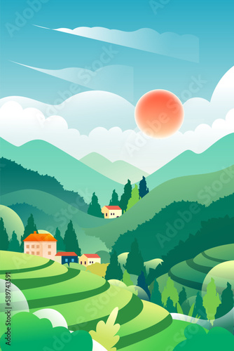 Labor day farmer harvesting fruits with terraced fields and houses in the background, vector illustration