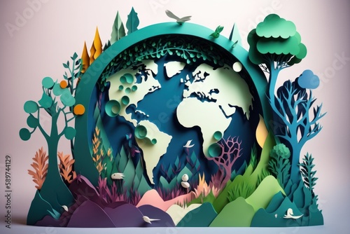 World environment day background in paper cut style  Earth day. Generative AI