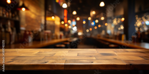 An empty wooden counter table top for product display in a pub or bar. Generative ai