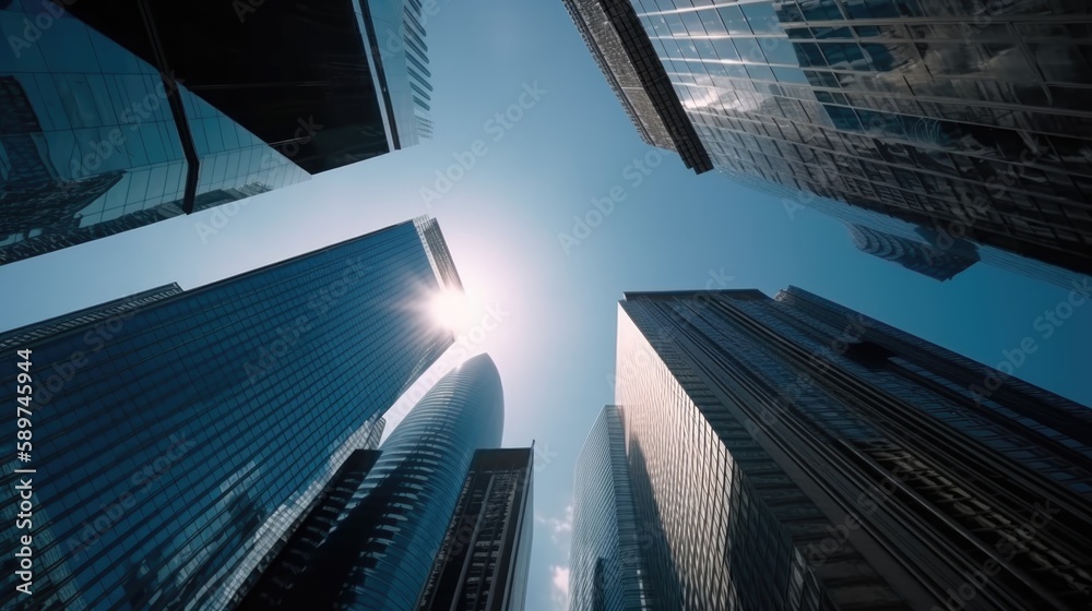 Skyscrapers in a big city. Looking up at business buildings with sun flare. Generative AI