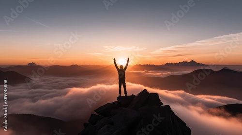 Silhouette of a hiker standing and raising his hands on the top of the mountain with a morning sky and sunrise and enjoying the moment of achievement. Generative AI