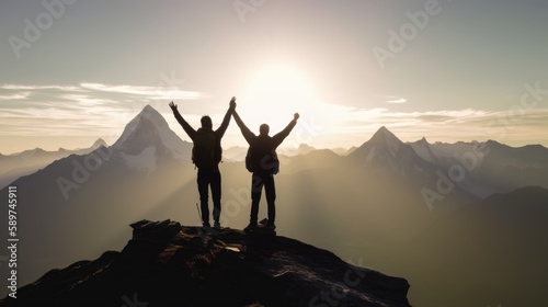 Silhouette of two travelers or hikers standing and raise their hands together on the top of mountain with a morning sky and sunrise and enjoys the moment of success. Generative AI