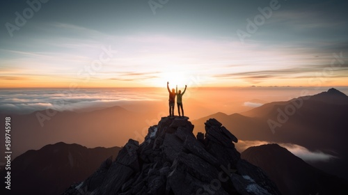 Silhouette of two travelers or hikers standing and raise their hands together on the top of mountain with a morning sky and sunrise and enjoys the moment of success. Generative AI