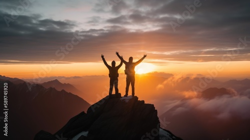 Silhouette of two travelers or hikers standing and raise their hands together on the top of mountain with a morning sky and sunrise and enjoys the moment of success. Generative AI © KikkyCNX