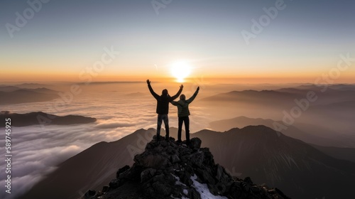 Silhouette of two travelers or hikers standing and raise their hands together on the top of mountain with a morning sky and sunrise and enjoys the moment of successful achievement Generative AI