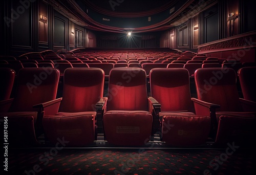 Empty movie theatre with red seat pads. Generative AI