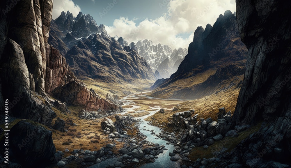 Scenic Rocky Valley: A Small Trekker Explores a Beautiful Landscape. Generative AI