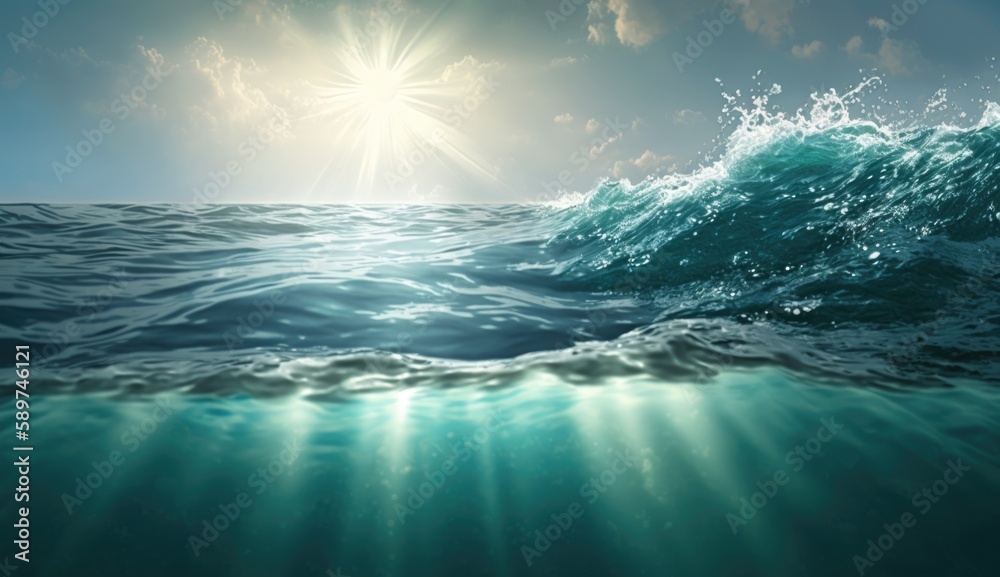 Ocean wave: AI-generated shot captures close-up of a beautiful sea waves, with sparkling sea water and bright sunny sky in the same shot. generative ai
