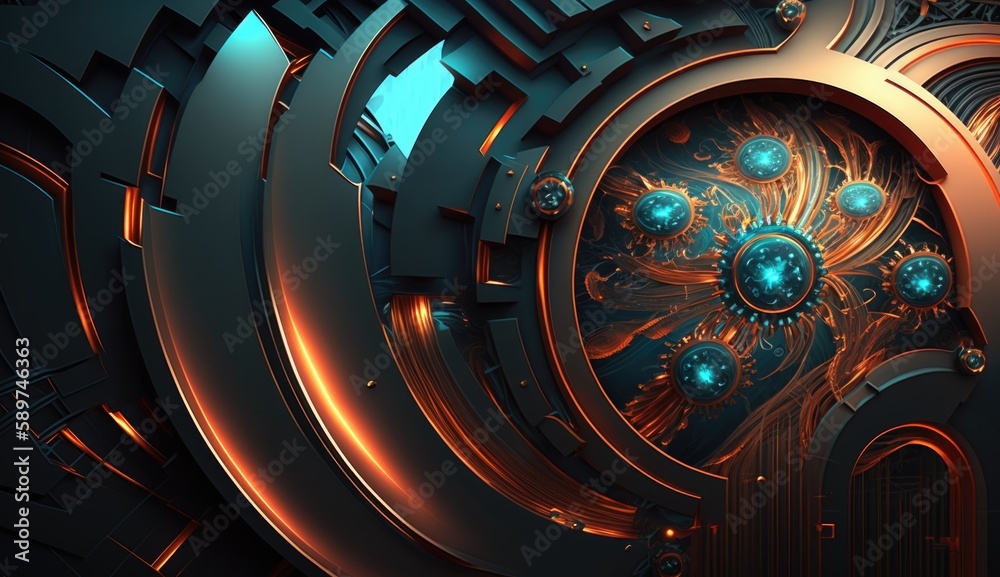 Futuristic Hi-Tech Black, Gold, and Blue Background with Sci-Fi Elements. Generative AI