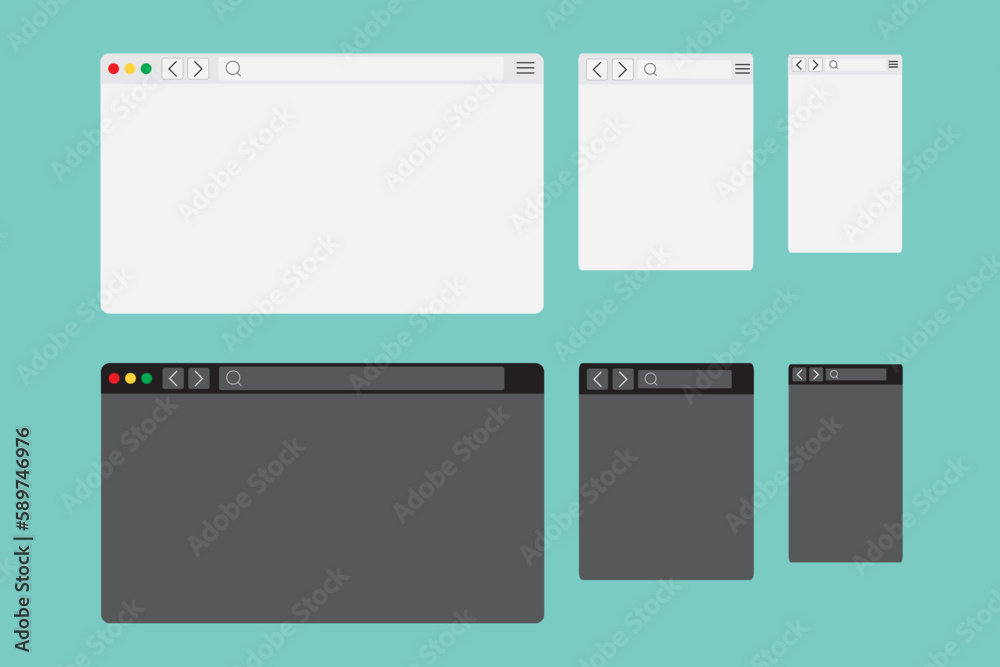 Web browser window mockup in light and dark modern flat design. Website page of computer with green lock and favorites icon. Desktop, tablet and mobile template of browser. Vector EPS 10 Web browser window mockup in light and dark modern flat design. Website page of computer with green lock and favorites icon. Desktop, tablet and mobile template of browser. Vector EPS 10