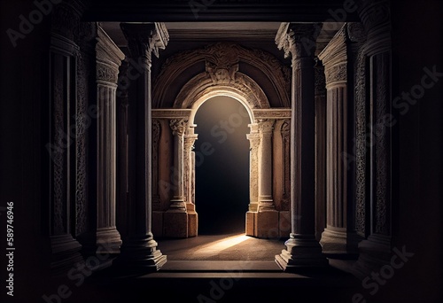 a light shines through a doorway into a dark room with columns and arches on either side of the doorway. Generative AI