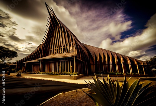Tjibaou Cultural Centre, the Kanak native museum, made mainly of ten ribbed structures made of steel and Iroko wood, inspired by the traditional Kanak huts, in Noumea, New Caledonia.. Generative AI