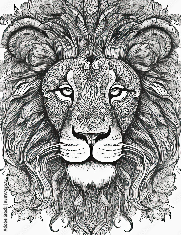 Lion coloring book page. Graphical resource. Generative AI