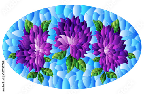 Illustration in a stained glass style with bright purple flowers on a blue background, horizontal orientation, oval image