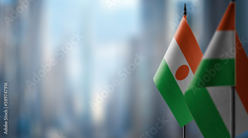 Small flags of the Niger on an abstract blurry background photo