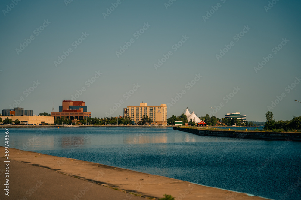 Sault Ste. Marie, ON, Canada - June 30, 2022 Historical building on the waterfront of the Soo Locks.