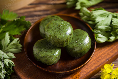 Oriental Chinese Sweet Green Rice Ball,Qingming festival snack. photo