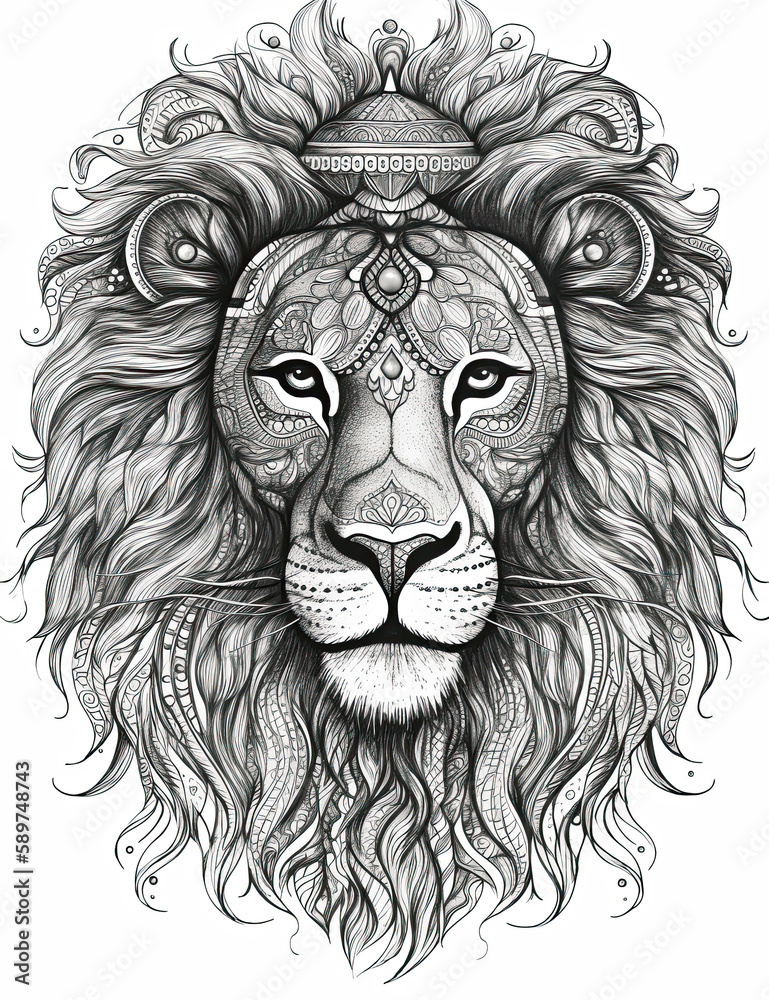 Lion coloring book page. Graphical resource. Generative AI Lion coloring book page. Graphical resource. Generative AI