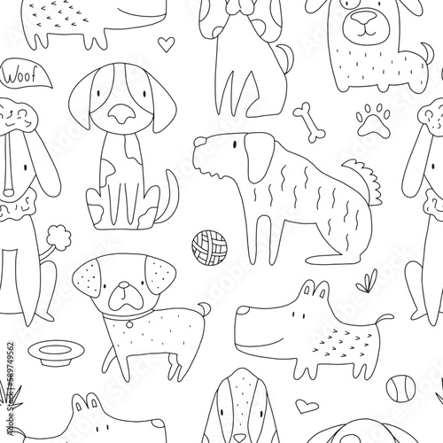 Vector hand-drawn color seamless repeating childish simple pattern with cute dogs in doodle style . Children's pattern with dogs. Dogs print. Cute baby animals.