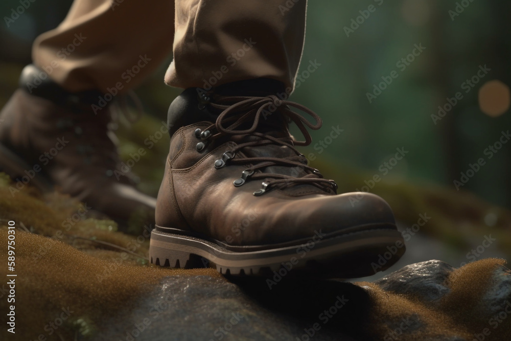 Man hiking up mountain trail close-up of a leather hiking boot, Generative AI	