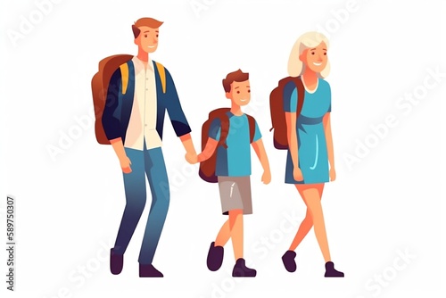 Family with backpacks are walking on the white background created with Generative AI technology. Back to school