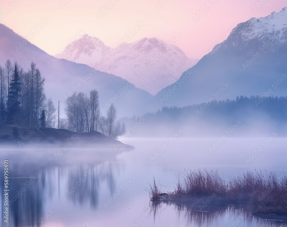 Painting style art of dreamy foggy Alps landscape, AI-generated image.