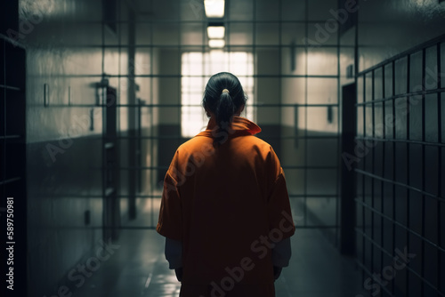 Billede på lærred Woman prisoner, back view of brunette in orange uniform in prison