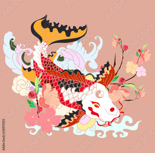 Beautiful line art Koi carp tattoo design  colorful koi fish and flower.Traditional Japanese culture for doodle art coloring book and printing on poster.Cherry blossom vector with koi fish background.
