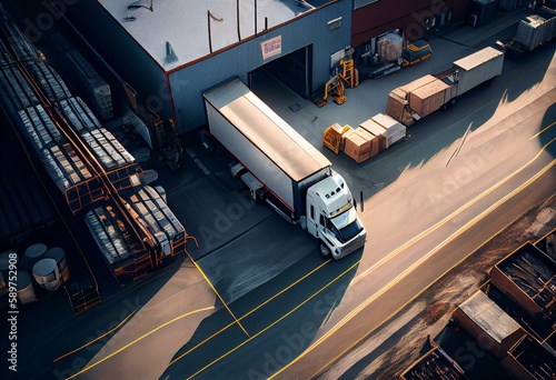 No truck at the loading docks, aerial view. Generative AI