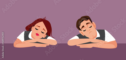 Tired Couple Feeling Sleepy Sitting at the Table Vector Cartoon. Burnout husband and wife falling asleep everywhere
